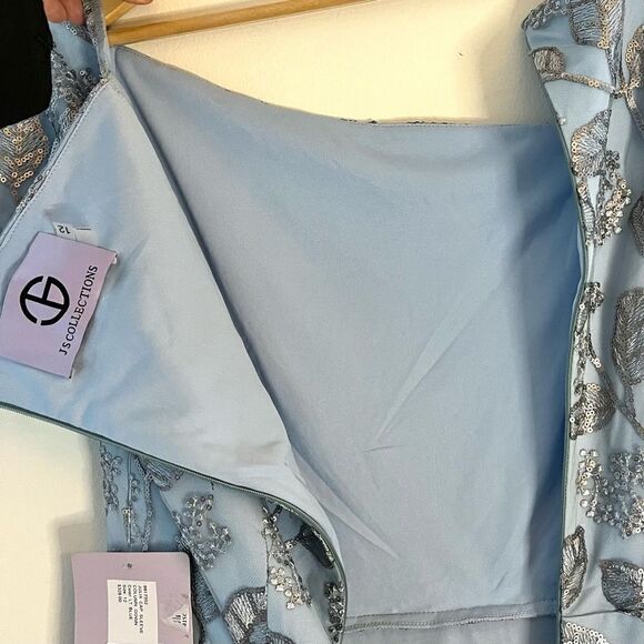 JS Collections Julia Cap Sleeve Column Gown Silver Sequins Light Blue, 12, NWT - Picture 12 of 13